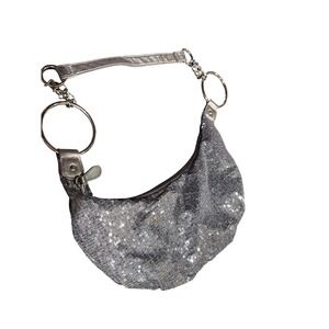 Silver Sequin Hobo Shoulder Bag Y2K Glam Metallic O-Ring Slouchy Blingy Purse